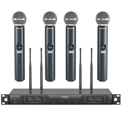 Phenyx Pro 4 Channel UHF Auto Scan Wireless Microphone System PTU-7000-4H | 4 x 40 Frequencies, 328 ft Range, 4 Handheld Dynamic Microphone for Singing, Church, Karaoke, Wedding, Public speaking, DJ