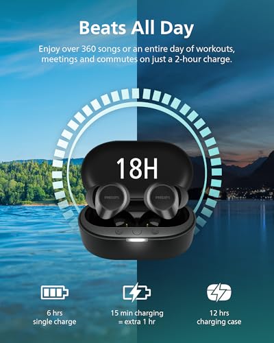 PHILIPS TAT1219 True Wireless Bluetooth Earbuds - 18 Hours Play Time, Dynamic Bass, Clear Calls, IPX4 Water Resistant, Black - size: With tips, style: T1219|Dynamic bass