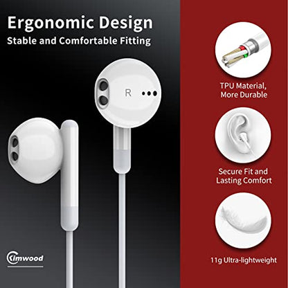 Kimwood Wired Earbuds with Microphone, Wired Earphones in Ear Headphones HiFi Stereo, Powerful Bass and Crystal Clear Audio, Compatible with iPhone, iPad, Android, Computer Most with 3.5mm Jack - color: White, size: regular