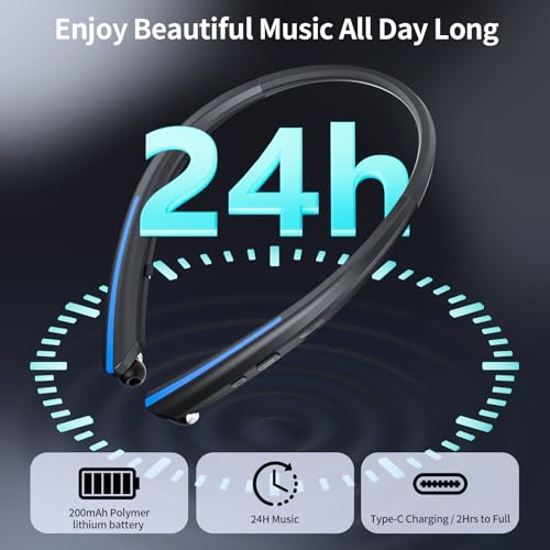 Neckband Retractable Bluetooth Headphones, Wireless Headset with 22H Playtime, Sweat-Resistant Sports, Dual Device Connect, Noise Cancelling Earphones with Mic (Blue) - color: BLUE