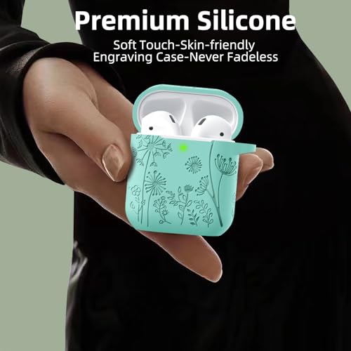 Lerobo for AirPod Case, Compatible with AirPods Case 2nd Generation | Engraved Flower Soft Silicone Cover with Keychain for AirPods 2/1, Wireless Charging, Scratchproof, One-piece Design - color: Mint Green