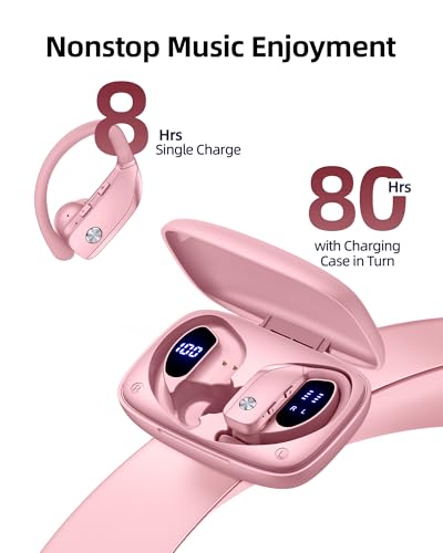 Wireless Earbuds Bluetooth Headphones Over Ear Hooks Ear Buds with 80H Playtime, LED Power Display, Dual Mic Clear Calls, Sports Wireless Ear Buds Bluetooth Earbuds for Running Gym Workout (Pink) - color: Pink