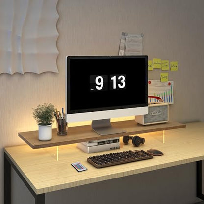Monitor Stand Riser,Wood & Acrylic Computer Monitor Stand with LED Strip Light,Desk Accessories Desktop Organizer Stand for Computer,Laptop,Printer,PC & TV Screen