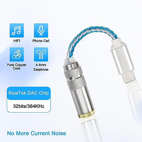 XMSJSIY USB Type C to 4.4mm Balanced DAC Audio Adapter USB C Male to 4.4mm Female HiFi Headphone Jack Amp PCM 32bit/384kHz with 5N Single Crystal Silver Aux Cable for Phone Latop and Type C Devices