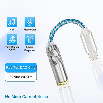 XMSJSIY USB Type C to 4.4mm Balanced DAC Audio Adapter USB C Male to 4.4mm Female HiFi Headphone Jack Amp PCM 32bit/384kHz with 5N Single Crystal Silver Aux Cable for Phone Latop and Type C Devices