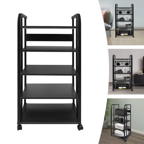 5 Tier Rolling AV Media Stand, Corner Audio Video Equipment Rack with Locking Wheels, Adjustable Shelves for Stereo Receiver Speakers and TV Components, Black