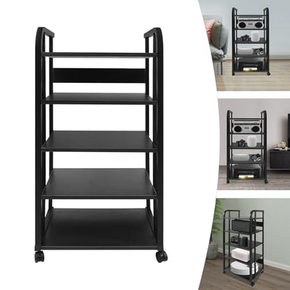 5 Tier Rolling AV Media Stand, Corner Audio Video Equipment Rack with Locking Wheels, Adjustable Shelves for Stereo Receiver Speakers and TV Components, Black