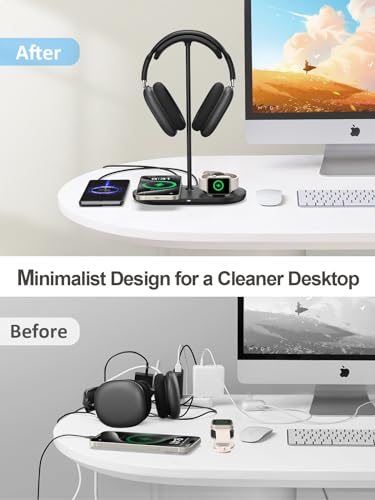 4 in 1 Headphone Stand, Airpod Max Charger Stand with 15W Wireless Charger | Headset Holder for AirPods Max 2/Pro/iWatch/Vision Pro, Charging for iPhone 17/16/15/14/13/12/11/X, Aluminum Alloy Rod, Black - color: Dark Black