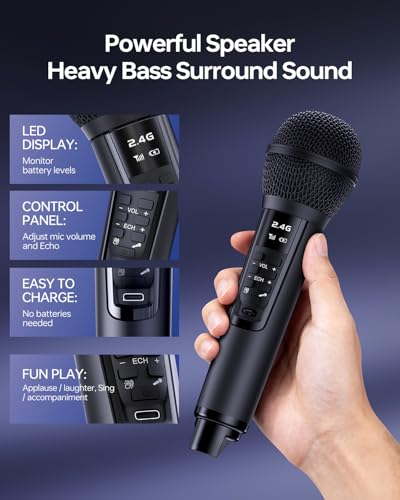 Portable Bluetooth Karaoke Machine for Adults & Kids - 2 Wireless Microphones, Shoulder Strap, Fun Voice Change, Support USB/AUX, for Outdoor Events Party Gifts - size: 518