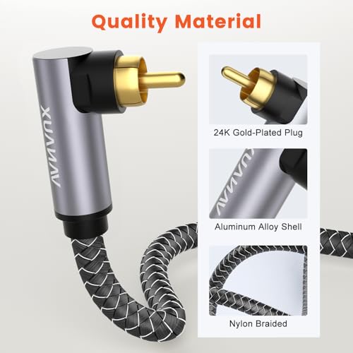 VANAUX Subwoofer RCA Cable 90 Degree RCA to RCA Audio Cable Digital Coaxial Audio Cord,Nylon Braided,Gold-Plated for Hi-Fi Systems,HDTV,Sound Bar,Car Audio(6ft/2m) - size: 6.6 ft, style: Single 90°