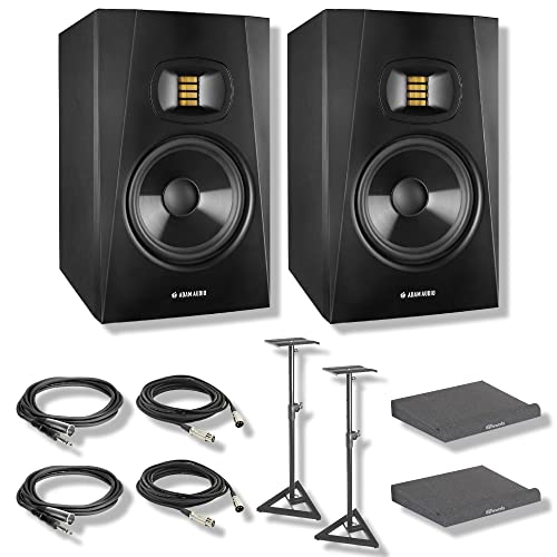 Adam Audio T7V 7" Studio Monitor (Pair) Complete Bundle – Art Ribbon Tweeter, 70W Bi-Amp, 39Hz–22kHz | Desktop Stands, Gator Isolation Pads, 5 ft and 10 ft XLR Cables - color: with Floor Stands, Iso Pads + Cables
