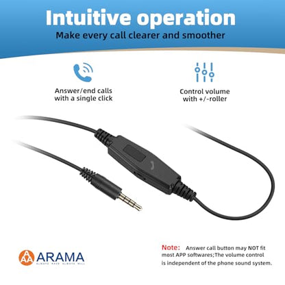 Arama Cell Phone Headset with Mic, 3.5mm Wired, USB-C Adapter | Answer Button, Noise Cancelling Mic, All-Day Comfort, Clear Voice Calls, iPhone, Andriod, Tablet, Zoom, Teams, Skype