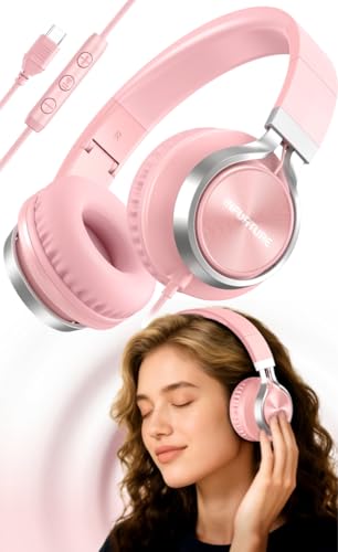 INFURTURE USB C Headphones Wired with Mic & Volume Control, Noise Isolating Over-Ear Headphones, Tangle-Free Plaiting Line, Foldable Headphone for School/Travel/iPad,Tablet,iPhone 17/16/15(Pink) - color: Blush Pink