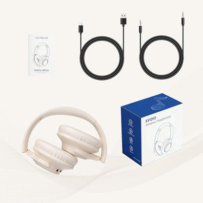 KVIDIO Bluetooth Headphones Over Ear, 65 Hours Wireless Headphones with Mic, Low Latency Foldable Lightweight Headset with Deep Bass, HiFi Stereo Sound Headphones for School Work Cellphone Sports - color: Beige