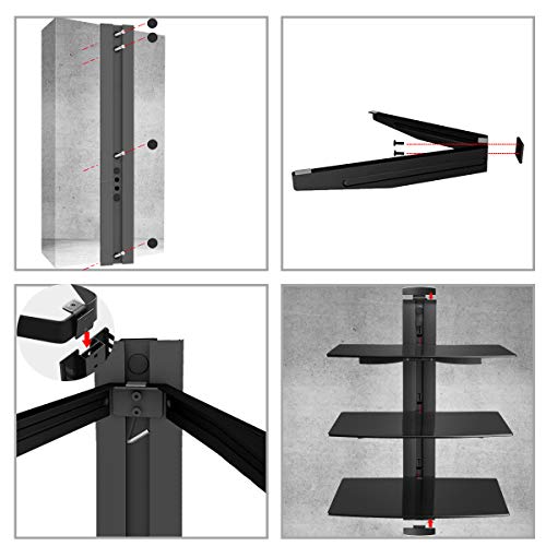 suptek 3 Floating Shelf Wall Bracket with Strengthened Tempered Glass for DVD Players/Cable Boxes/Games Consoles/TV Accessories, 3 Shelves, Black, CS303 - color: Black 3 Tiers