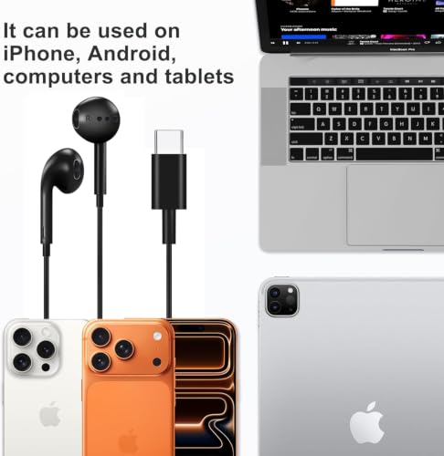 esbeecables USB C 헤드폰 유선, 마이크 및 리모컨 포함 타입 C 이어폰 2팩, 노이즈 캔슬링 인이어 이어버드, 아이폰 17/16/15 프로 맥스, 삼성 S25, 아이패드, 맥북, 픽셀과 호환 (블랙) - color: 블랙.