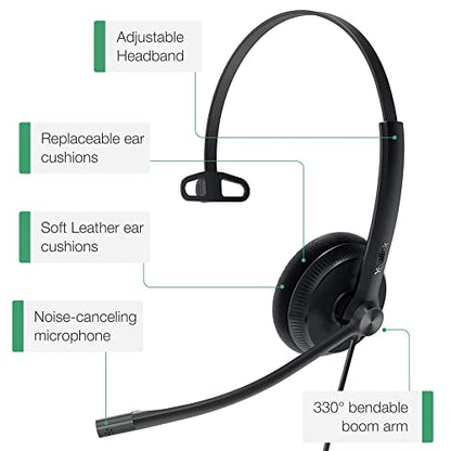 Yealink Phone Headsets for Office Phones YHS34 Lite QD to RJ9 Wired Headset Compatible with Poly Snom Grandstream Phones Desk Landline Headset with Microphone -Mono/68g/2.1m Cable - color: Foamy Ear Cushions, size: Mono