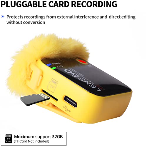 LENSGO 348C 2.4Ghz Wireless Lavalier Microphone 32GB TF Card Slot Compact Lav Mic 1 Transmitter and 1 Receiver Wireless Lapel Microphone for iPhone Smartphone Camera Vlog YouTube Interview Streaming Y - color: Yellow-1s