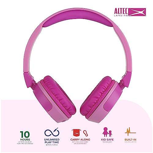 Altec Lansing Kid Safe 2-in-1 Wireless Bluetooth Headphones - Crystal Clear Sound, Safe Volume Limiting, Foldable Design - Enjoy Audio and Protect Your Child's Hearing (Princess Pink) - color: Princess Pink