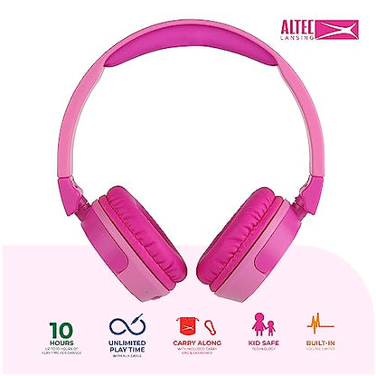 Altec Lansing Kid Safe 2-in-1 Wireless Bluetooth Headphones - Crystal Clear Sound, Safe Volume Limiting, Foldable Design - Enjoy Audio and Protect Your Child's Hearing (Princess Pink) - color: Princess Pink