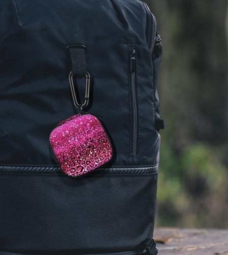 WIRESTER Portable Wireless Headphone Case, Earphone Storage Bag Carrying Case, Earbud Holder with Black Carabiner Compatible with Airpods - Hot Pink Sparkle with Black Pink Glitter Leopard - color: Hot Pink Sparkle With Black Pink Glitter Leopard
