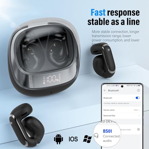 Clip On Ear Buds,Open Ear Headphones,Bluetooth 5.4 HiFi Stereo Clip Earbuds | 42H, LED Display Wireless EarBuds, Comfortable Lightweight, IP7 Waterproof Earphones, Earbud for Workout Running, Black