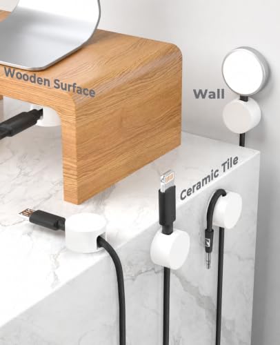 Maveek Magnetic Cable Clips White, Cord Organizer Magnet Silicone Cord Management Charging Cable Holder for Metal Desk, File Cabinet, Home and Office, with Extra Adhesive Plates (5 Piece, Large Size) | Fits Larger Cables Up To 0.3" Thick: PC, Computer, Et