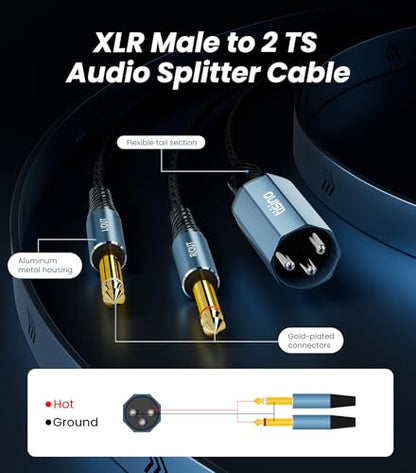 Tisino Male XLR to 1/4" 2 TS L/R Mono XLR Splitter Y-Cable, 3.3 FT/1m | XLR Male to Dual 1/4" TS Mono L/R Breakout Cable for Mixer, Amp, Studio, Shielded Gold-Plated Interconnect Cord - size: 1m/3.3feet, style: XLR Male to 2 TS