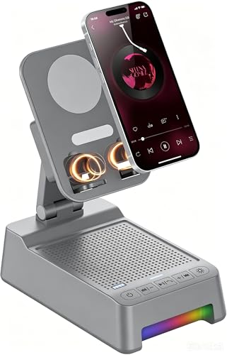 Cell Phone Stand with Wireless Bluetooth Speaker and Colorful LED Lights, 4-in-1 Multifunctional Phone Holder Support Fast Charging, Adjustable Desktop Stand for iOS Android - color: Light Grey