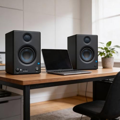 PreSonus Eris E3.5 BT Bluetooth Studio Monitor Pair Bundle with Monitor Stand, Isolation Pads, XLR Cables, TRS Cables, and Austin Bazaar Polishing Cloth - size: Bundle w/ Stand, style: E3.5 BT