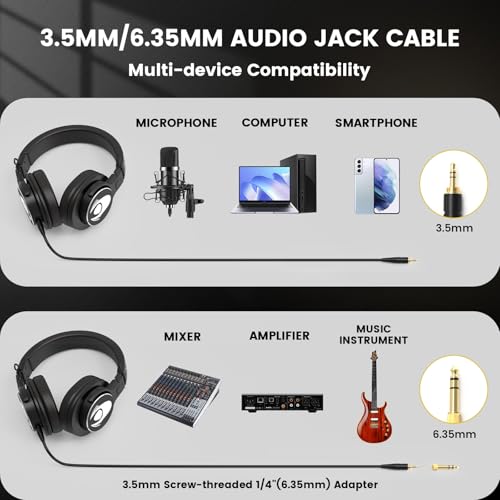 talomen Wired Over Ear Headphones Studio Monitor Podcast Closed Back Headsets with 50mm Neodymium Drivers and 1/4 to 3.5mm Jack for AMP Computer Recording Mixing DJ Guitar Keyboard Laptop - Black