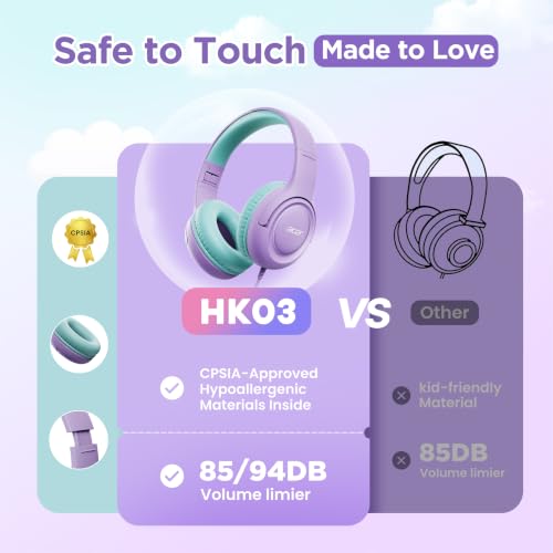 Acer Kids Headphones for School, USB-C-3.5mm Dongle, w/Mic HK03 | Foldable Wired Over Ear Headphones, for Toddler School/Tablet/iPad/PC/Travel, Purple-Green - color: 2-in-1 Purple Green