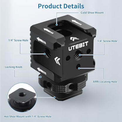 UTEBIT 3 Port Cold Shoe Mount with 1/4"-20 Thread, Black | Cold Shoe Extension Bracket with 3.8" Magic Arm Dual 1/4 Screw Head Adapter for Camera Cage Flash LED Monitor Microphone