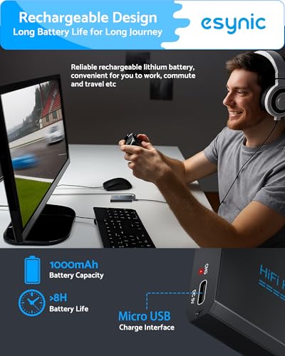 eSynic Rechargeable 16-150Ω Headphone AMP Poratble-3.5MM Audio in & Out | Metal Case Headphone Amplifier with Volume Control-2-Stage Gain Switch Function- 12h Playtime-For Car/MP3&4/Phone/PC/Laptop