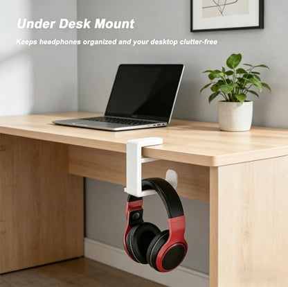 Universal Headphone Hook & Headset Holder, White | 360° Swivel, Under Desk Hook, Cable Management Clip, Universal Fit - color: White