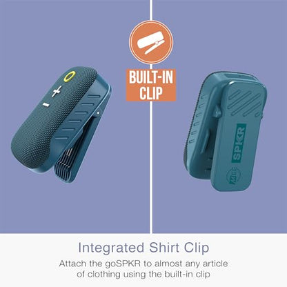 MEE Audio goSPKR Small Wearable Clip-on Bluetooth Speaker with IPX5 Water Resistance, Built-in Speakerphone with Microphone for Hands-Free Calls, Compact Design, Can Connect Up to 2 in Stereo (Blue) - color: Blue