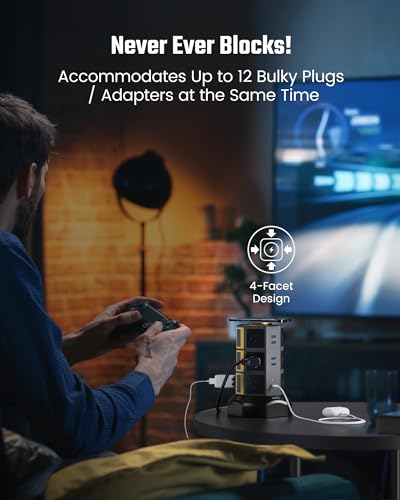 Power Strip Tower, SUPERDANNY Surge Protector Tower with 15W Wireless Charger, 1050J, 13A Charging Station with 12 AC Outlets & 6 USB Ports (2 USB C), 6.5ft Extension Cord for Home Office Dorm, Gold | Surge Protector Tower, Charging Station with 12 AC Out
