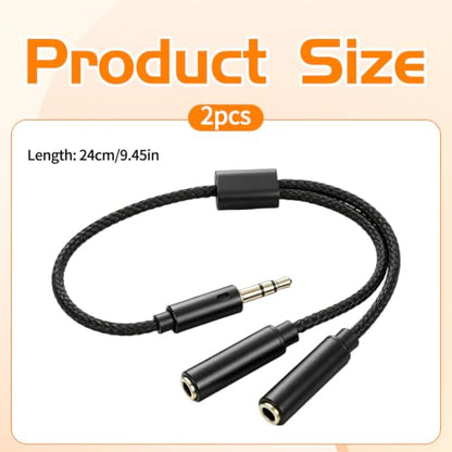 2PCS 3.5mm Headphone Splitter for 2 Headphones, Y Audio Splitter | Tough Braided Nylon Extension Cable, 3.5mm TRS Aux Jack Cable 1 in 2 out Headset Splitters for Phone/Tablet/Laptop/PC/MP3