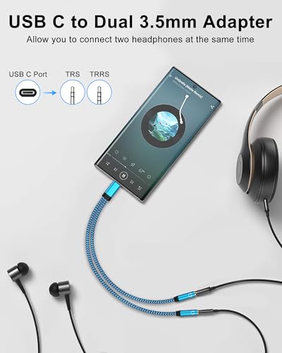 Headphone Splitter for 2 Headphones, USB C to Dual 3.5mm Headphone Splitter | USBC Audio Adapter for iPhone 17 16 15 Pro Max Google Pixel 10 Samsung Galaxy S26 S25, Audio Jack Splitter Earphone Connector - color: Blue