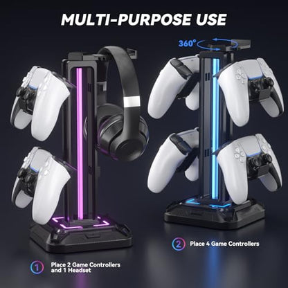KDD RGB Headset Stand with 9 Light Modes - Controller Holder for Desk - Rotatable Headphone Stand & Detachable Controller Hook for PC Earphone Accessories(Black) - color: Black