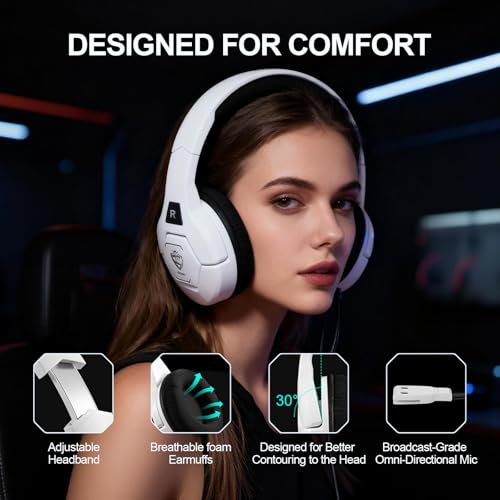Docooler Gaming Headset with Microphone, Computer Headset with 50mm Drivers Omni Directional Microphone, RGB Lighting for Smartphone, Laptop, Desktop PC, Gaming Console (White) - color: White