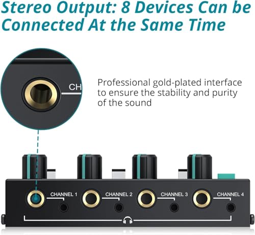 4-Channel Professional Headphone Amplifier Splitter: 8 Outputs with Individual Volume Control, Mixing, Multiple Inputs (RCA/3.5mm/6.35mm), Mono/Stereo for Studio, Podcast, Home - style: HA400 PRO