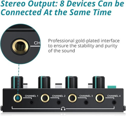 4-Channel Professional Headphone Amplifier Splitter: 8 Outputs with Individual Volume Control, Mixing, Multiple Inputs (RCA/3.5mm/6.35mm), Mono/Stereo for Studio, Podcast, Home - style: HA400 PRO