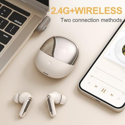 Wireless Gaming Earbuds, Low Latency 2.4GHz Bluetooth 5.4 Dual Mode with ENC Microphone and USB C Dongle, for PC VR Gaming Phone Tablet Laptop (White) - color: White