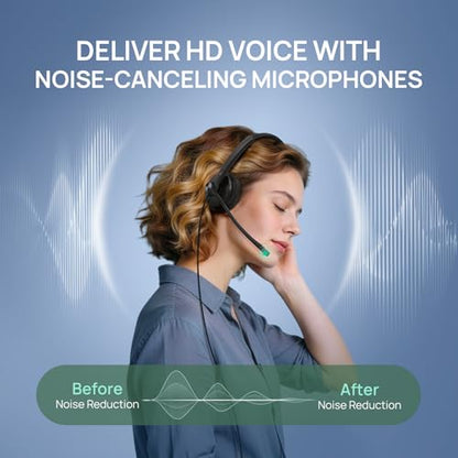 Yealink Phone Headsets for Office Phones YHS34 QD to RJ9 Wired Headset | Leather ear pads,Compatible with Poly Snom Phones Desk Landline Headset with Microphone -Dual/129g/2.1m Cable - color: leather Ear Cushions, size: Dual