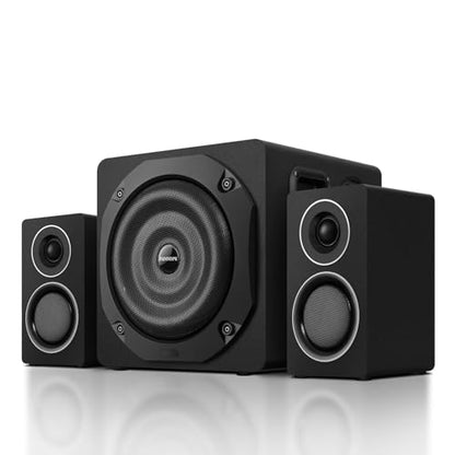 2.1 Computer Speakers with Subwoofer, 100W RMS, Bluetooth 5.3, Black | A 6.5-inch subwoofer, wood cabinets and silk dome tweeters. AUX/RCA, optical and coaxial inputs for PCs, TVs and turntables. - color: Black
