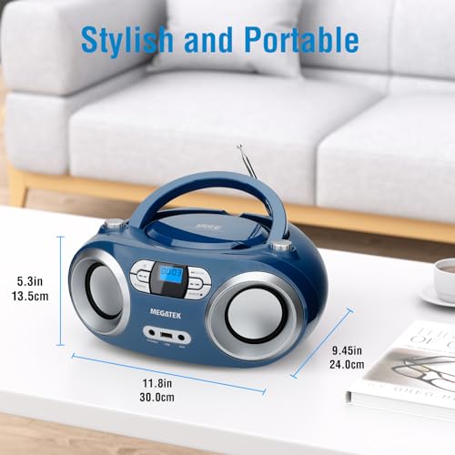 MEGATEK Portable CD Player Boombox with Bluetooth & FM Radio – Blue Jay | USB Playback, Clear Stereo Sound, AUX Input, Headphone Jack, CD-R/RW & MP3-CD Support, LCD Display, AC/Battery Powered - color: Blue Jay