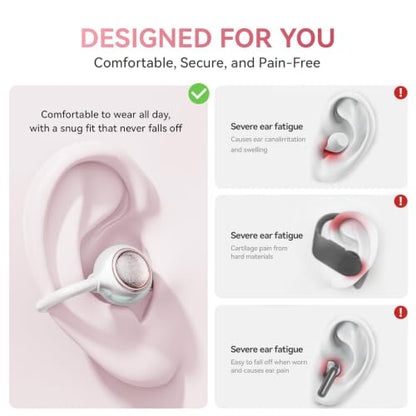 Open Ear Clip On Earbuds Wireless Headphones with Mirror(White) - color: White
