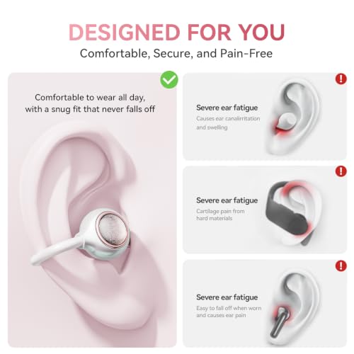 Open Ear Clip On Earbuds Wireless Headphones with Mirror(White) - color: White