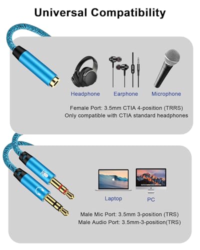 Headset Splitter for Computer, Braided Audio Mic Splitter Cable for Mic | Headset to PC Adapter 3.5mm Female to 2 Male Y Splitter Cable Adaptor for Gaming & Office, PS5, Xbox, Switch, Laptop, Tablets